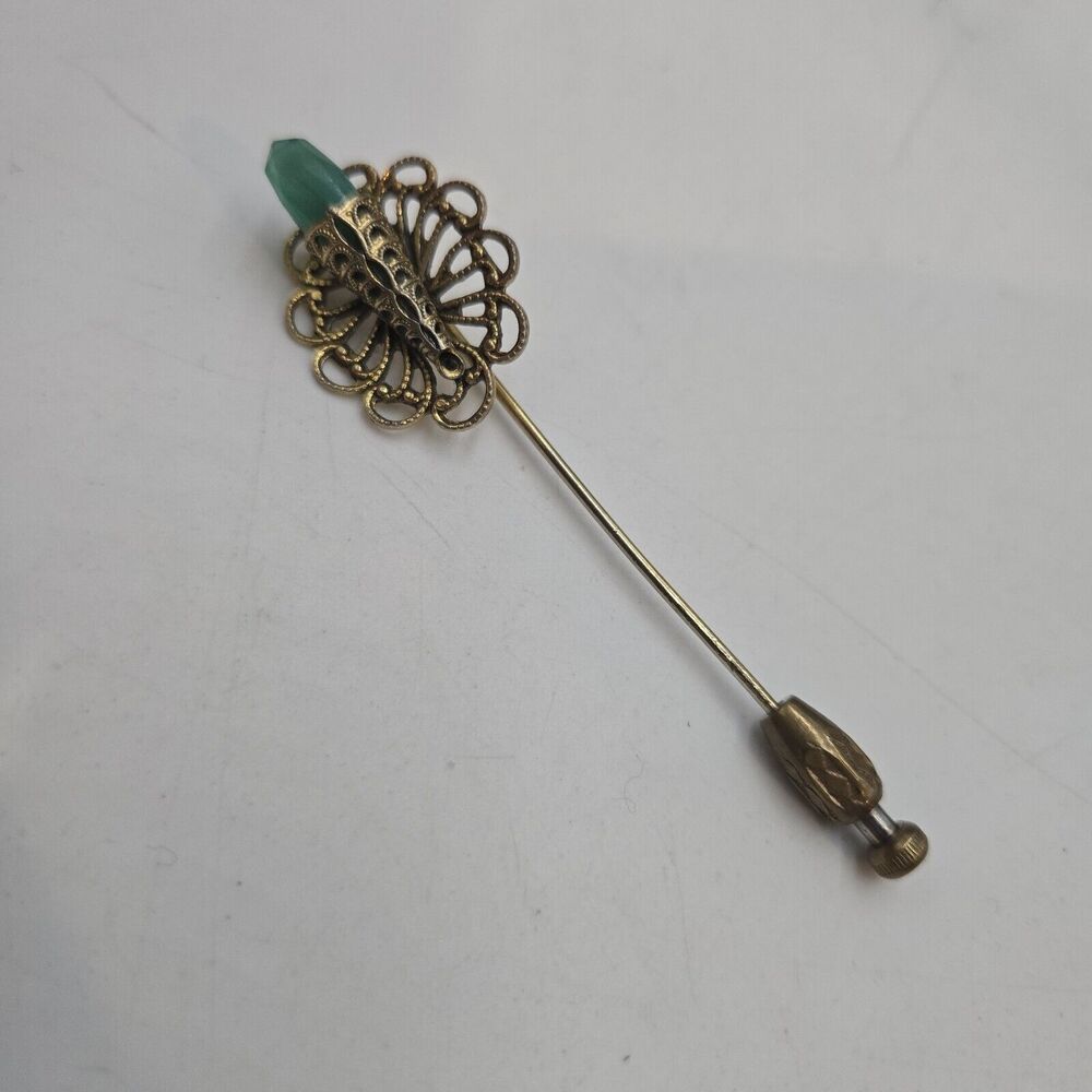 Vintage Rare Freirich Green Glass Art Deco Filligree Gold Tone Stick Pin
